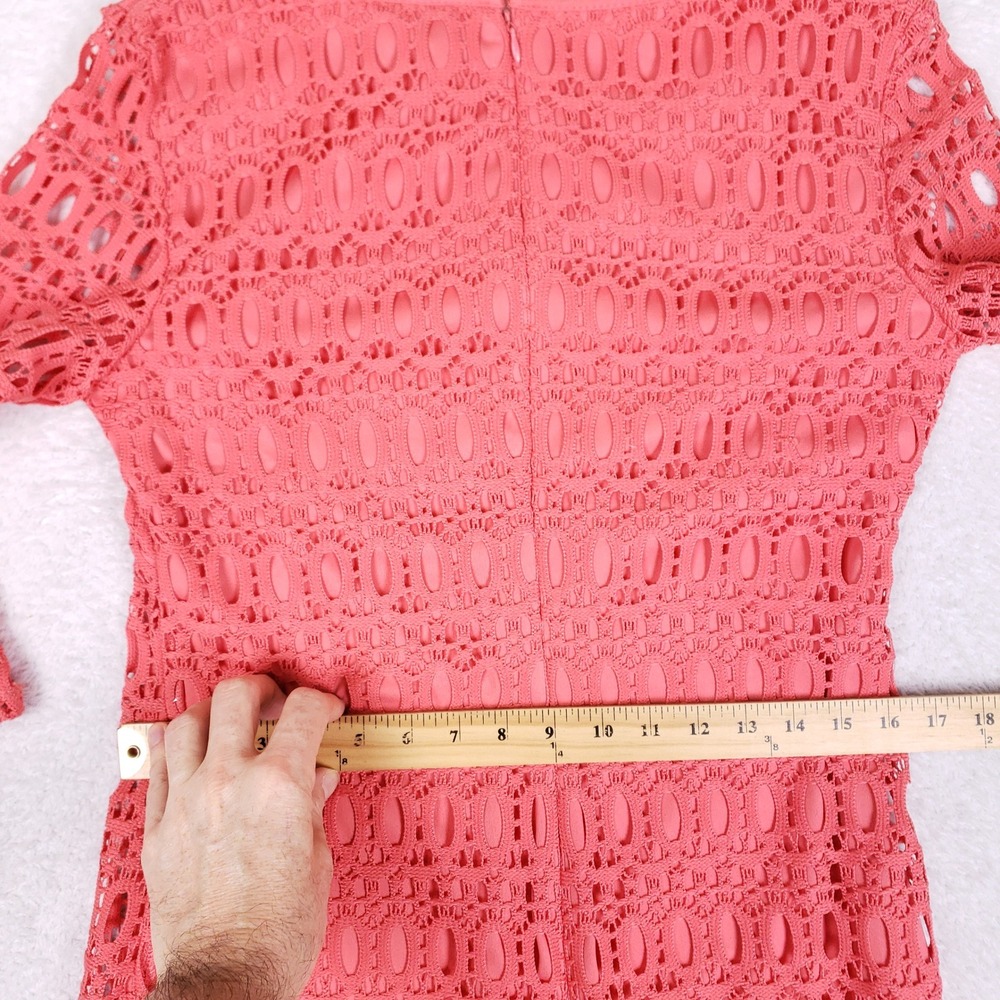 Madison Leigh Lace Sheath Dress Womens 8 Coral Pink Bell Sleeve Wedding Guest - Picture 9 of 10